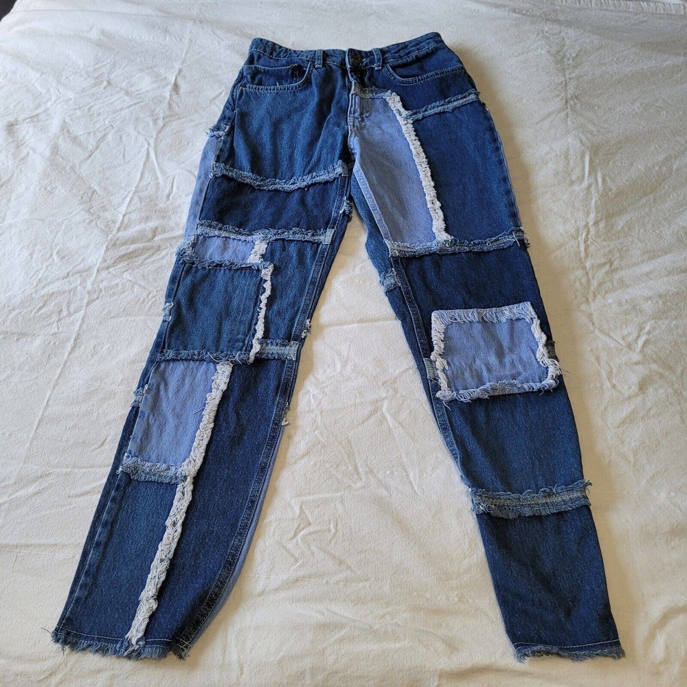 Ragged Priest Patchwork Colorblock Jeans Blue Denim Size 28 Raw Edges